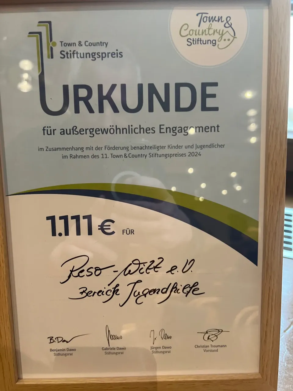 1111€ dank des 11. Town & Country-Stiftungspreises