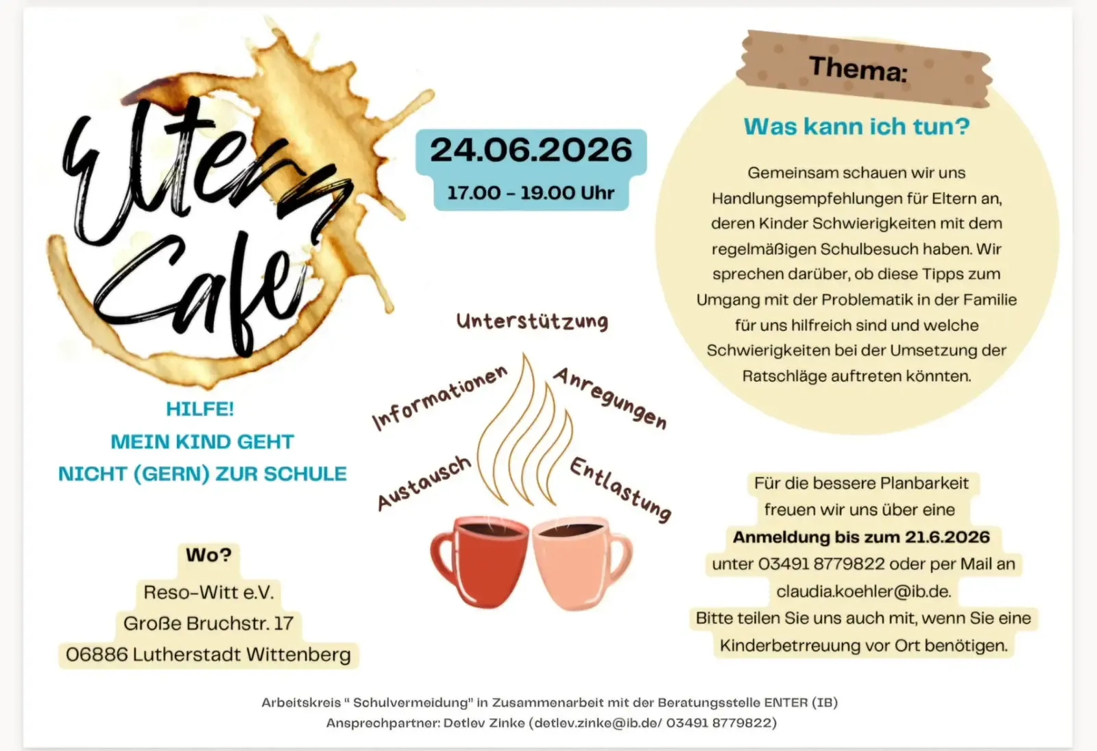 24.06. Elterncafé „Hilfe! Mein Kind geht nicht (gern) zur Schule“