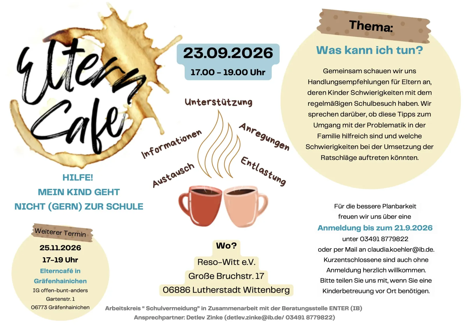 23.9.26 Elterncafé: „Hilfe! Mein Kind geht nicht (gern) zur Schule“
