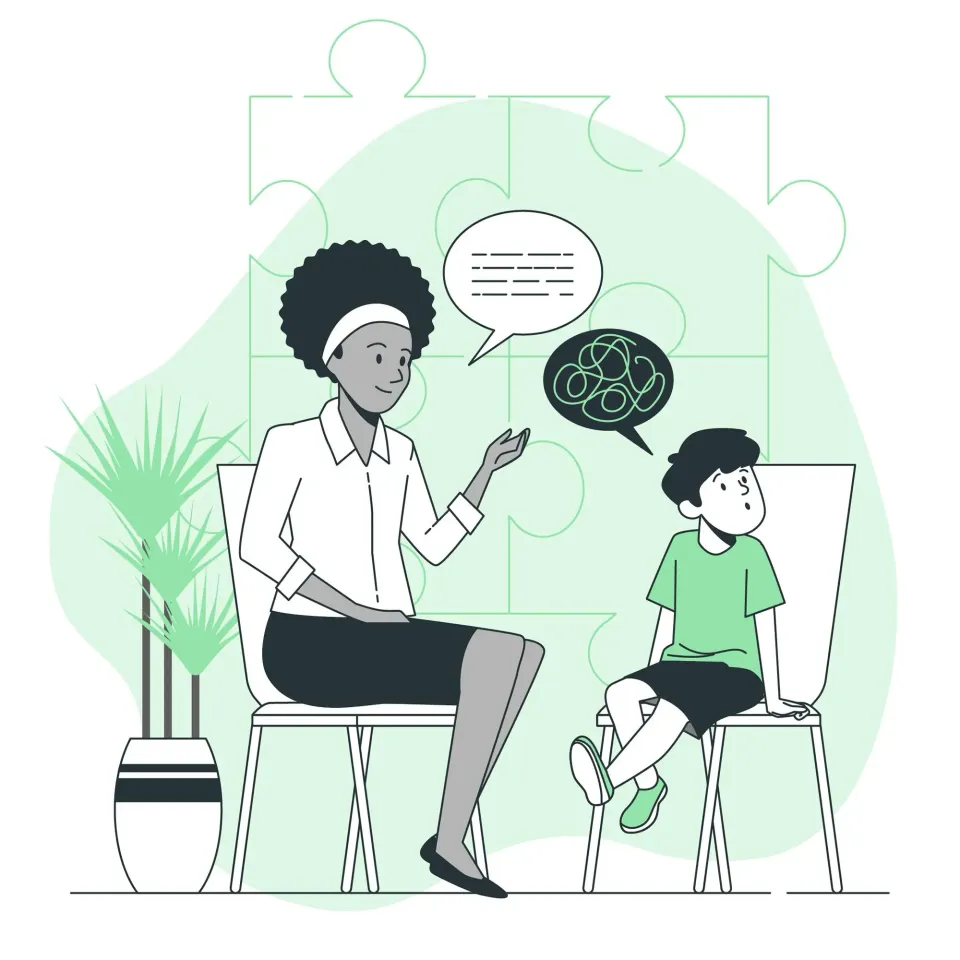 Illustration: Beraterin im Gespräch mit einem Kind
