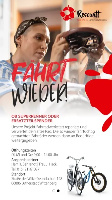 Plakat „Fahrt wieder!“ der Sozialen Fahrradwerkstatt mit Öffnungszeiten und Kontakt